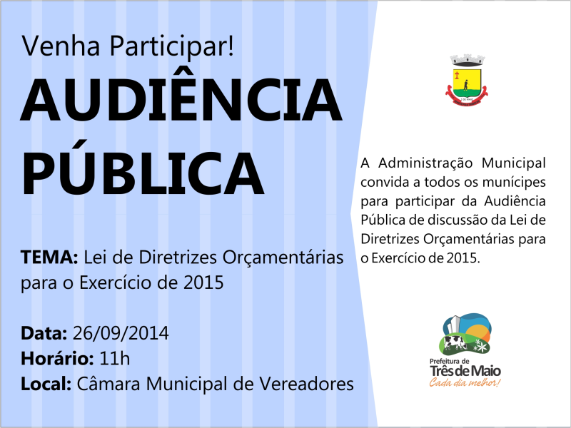 AUDIÊNCIA PÚBLICA ACONTECE NO DIA 26 DE SETEMBRO